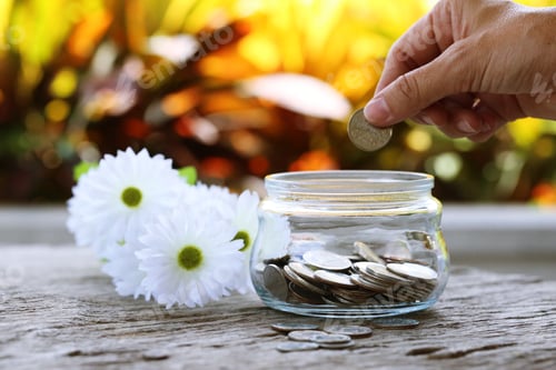 Preview: Coins Being Deposited Into Glass Jar Beside Flowers