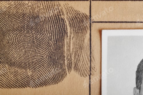Preview: Digital ink fingerprint over a textured paper. Security control. Vertical