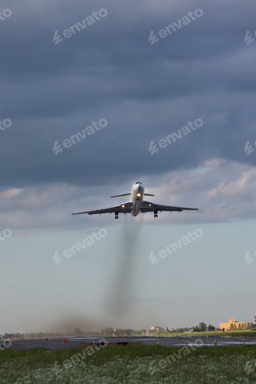 Preview: Soviet airplane taking off from military airfield, smoke from engines after plane , vertical