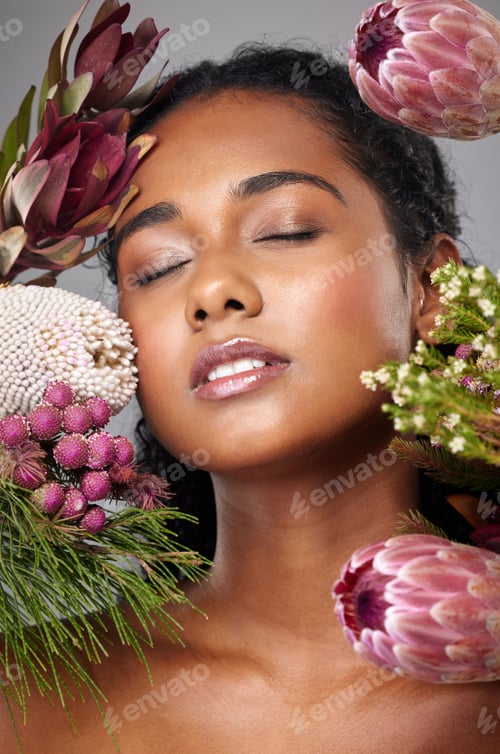 Preview: Beauty, woman and face, skin and flowers, natural cosmetic with skincare and facial treatment adver