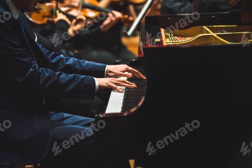 Preview: Pianist playing a piece on a grand piano at a concert, seen from the side.