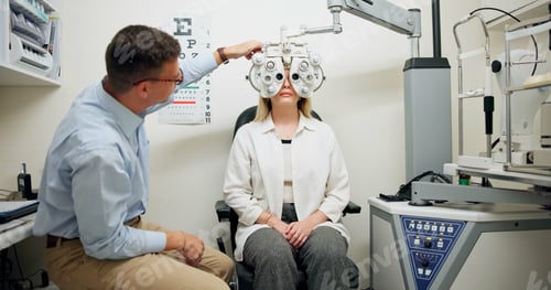 Preview: Doctor, ophthalmologist and woman on phoropter for eye care, consultation or health exam in clinic.