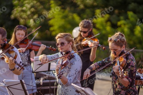 Preview: Musical ensemble playing violin at outdoor concert