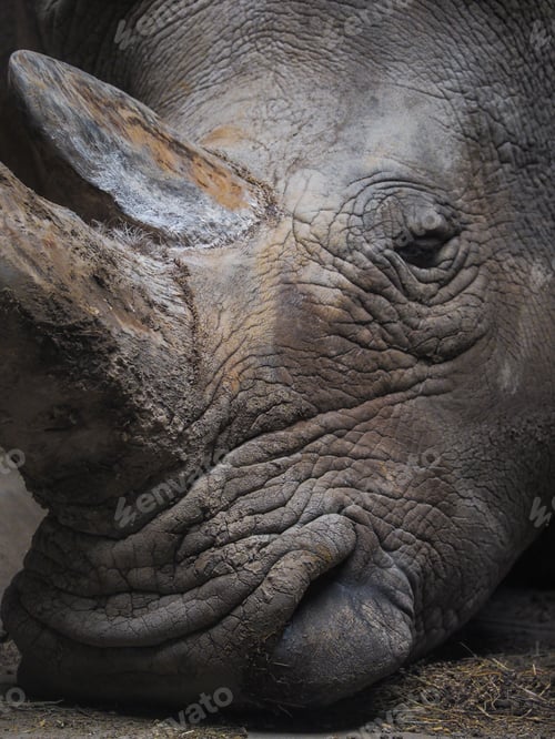 Preview: Closeup shot of a sleeping rhinoceros.