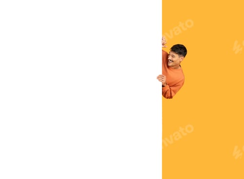 Preview: Man peeking from behind a blank banner