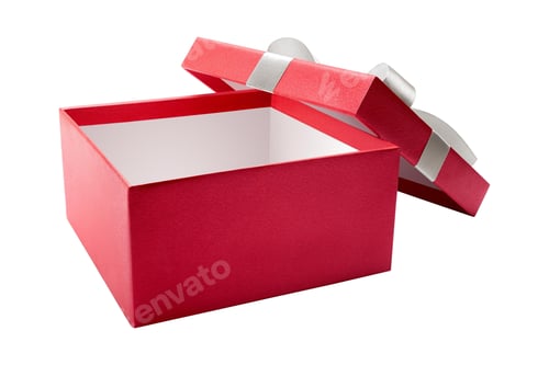Red Box with Silver Ribbon on White Background