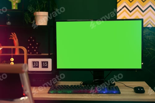 Preview: Modern computer and RGB keyboard on wooden table indoors. Mockup green screen