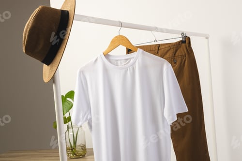 Preview: White t shirt, hat and brown trousers hanging from clothes rail with copy space on white background