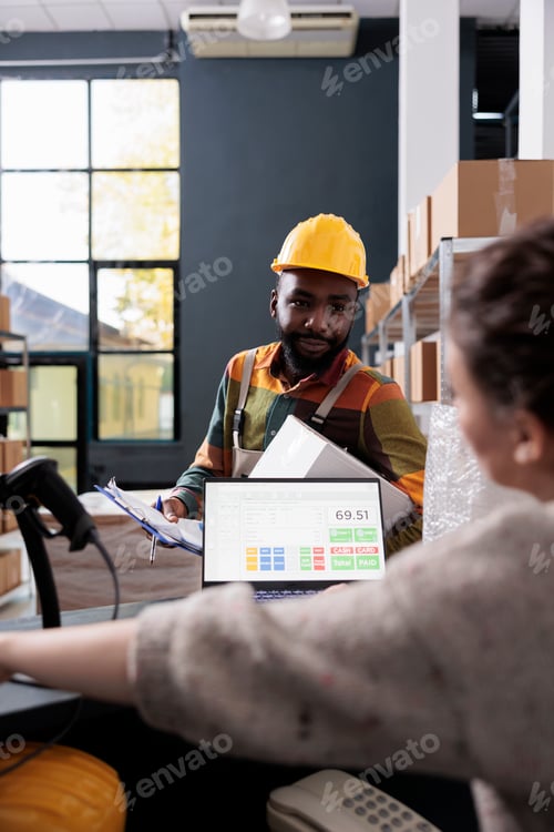 Preview: African american worker discussing products checklist