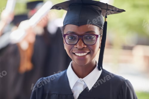 Preview: Portrait of a happy female student standing outside on her graduation day