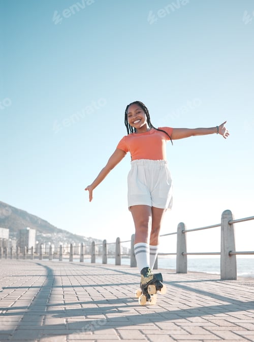 Preview: Summer, beach and roller skate woman with happy, relax and calm smile feeling free at the sea. Happ