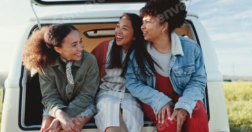 Preview: Group, road trip and van with women, laugh and joy for journey and countryside travel. Friends, smi