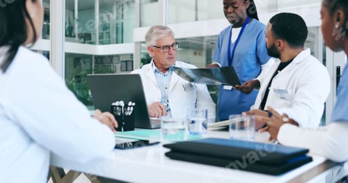 Preview: Meeting, xray and team of doctors, nurses and people in healthcare research, results and analysis o