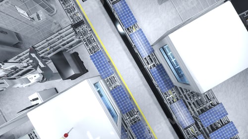 Preview: Aerial shot of warehouse producing green energy solar cells, 3D illustration