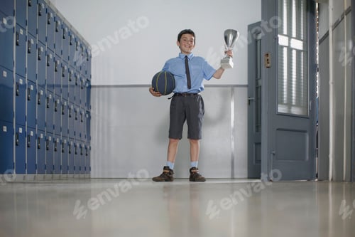 Preview: School boy with basketball and trophy