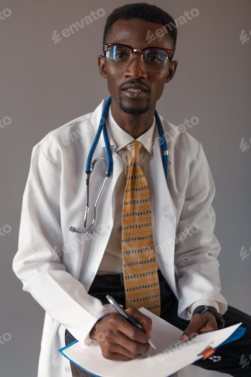 Preview: Handsome Guy Doctor In White Lab Coat With Stethoscope On White Background