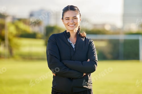 Preview: Soccer woman and coach portrait on field for match game in Mexico with optimistic and joyful smile.