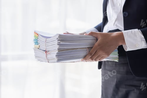 Preview: Business Employee Asian woman hand working in Stacks paper files for searching and check unfinished