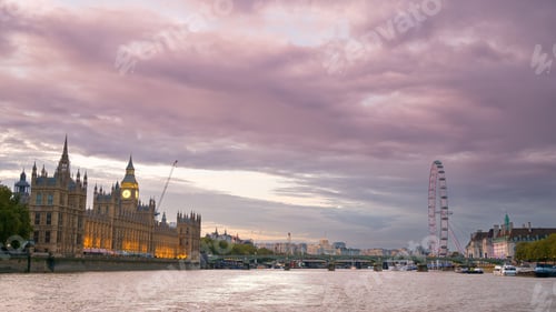 Preview: London cityscape from a floating boat at sunset, United Kingdom