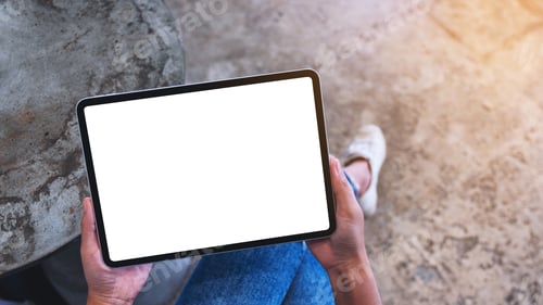 Preview: Top view mockup image of a woman holding digital tablet with blank white desktop screen
