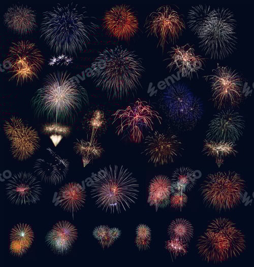 Preview: Many fireworks exposures collage in a black background.
