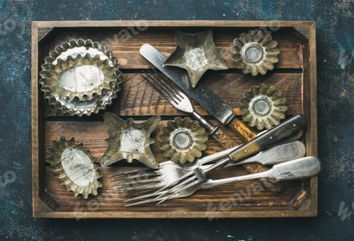 Preview: Old vintage tin baking molds and cutlery in wooden tray