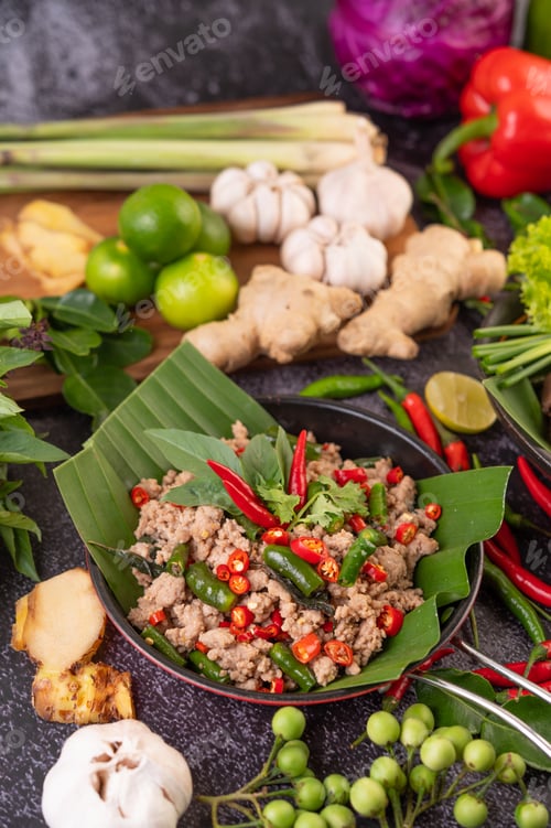 Preview: Stir-fried pork basil on banana leaves in a frying pan.