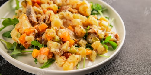 Preview: Potato salad with smoked fish tasty snack fresh delicious gourmet food background
