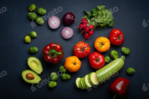Preview: Selection of fresh various vegetables, cut zucchini, greenery on rustic dark background top view