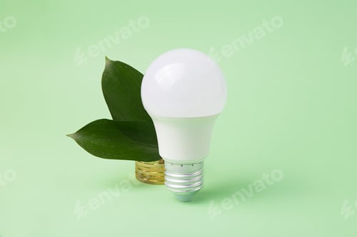 Preview: Led bulb with frsh green leafs and coins on background,green energy concept.