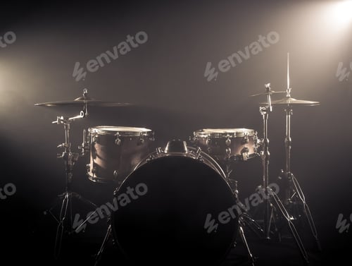 Preview: Drum Set On A Stage At Dark Background. Musical Drums Kit On Stage.
