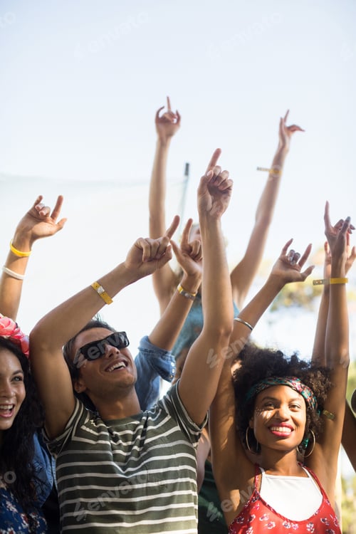 Preview: Happy fans dancing with arms raised during music festival