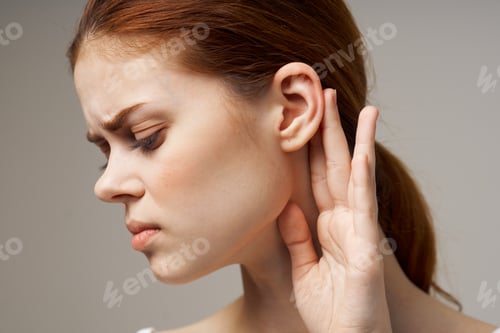 Preview: woman ear pain otitis media health problems infection light background