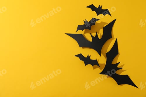 Preview: Decorative black bats on color background, copy space