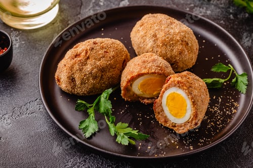 Preview: Traditional Scotch Eggs on a black plate.