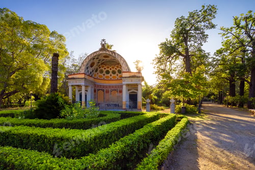 Preview: Path with vibrant green trees in city park, Villa Giulia. Palermo, Sicily, Italy