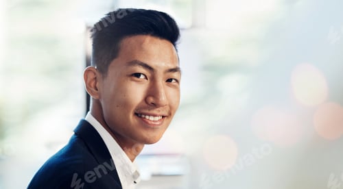Preview: Face of lawyer, business and happy Asian man in office, company and workplace bokeh. Portrait, atto