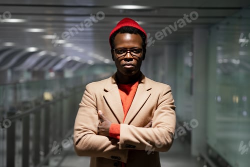 Preview: Stylish African American millennial man standing in hall of airport, looking at camera, arms crossed