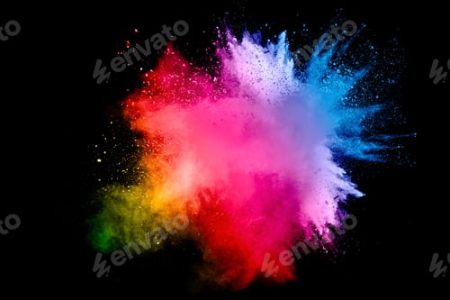 Preview: Multicolored powder explosion on black background.