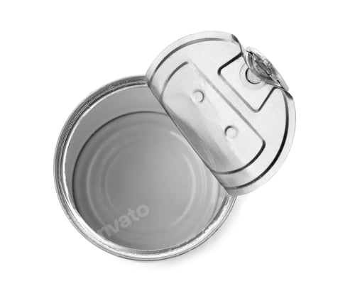 Preview: Empty aluminum can on white background, top view. Metal waste recycling