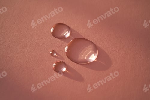Preview: Beautiful volumetric drops of cosmetic product on a pink background.