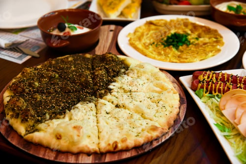 Preview: Arabian Breakfast on wooden table - Thyme and cheese pastry
