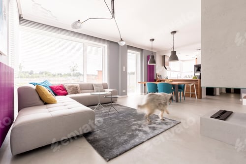 Preview: Concrete fireplace and big sofa