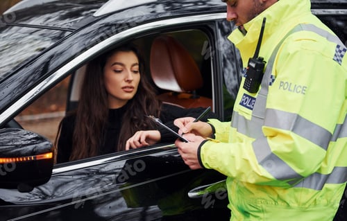 Preview: Male police officer in green uniform checking vehicle on the road