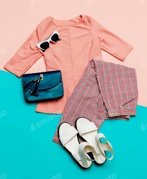 Preview: Stylish summer clothes. Vintage. Checkered trousers. Outfit