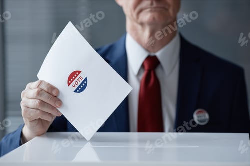 Preview: Caucasian Senior Man Casting Ballot in Voting Box during Election Process