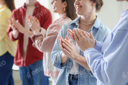 Preview: People applauding during meeting indoors, closeup view