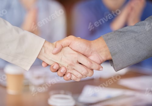 Preview: Partnership, handshake and people in meeting for business deal, b2b collaboration or congratulation