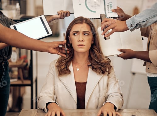 Preview: Stress, management and multitask woman manager with anxiety, burnout and focus problem working in o