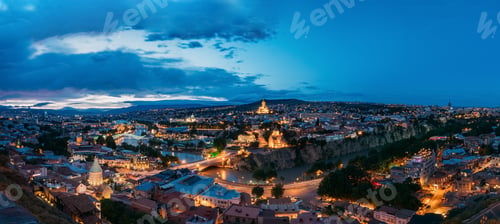Preview: Tbilisi Georgia. Scenic Panoramic Top View Of Cityscape In Eveni